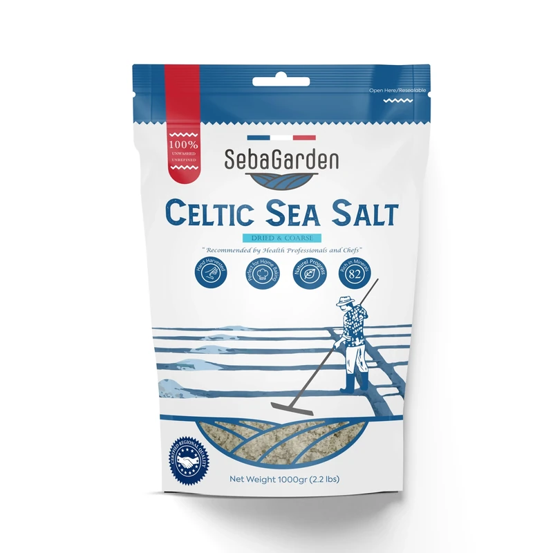 Seba Garden Celtic Sea Salt Grey, 1kg - Dried & Coarse, Certificated Organic Reseallable Bag of Grey Sea Salt, Hand Harvested, Contains Over 82 Essential Minerals