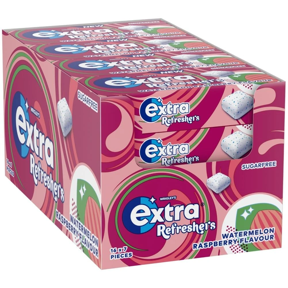 Extra Refreshers Watermelon Raspberry Flavour Sugarfree Chewing Gum Handy Pack Box, 16 x 7 Pieces