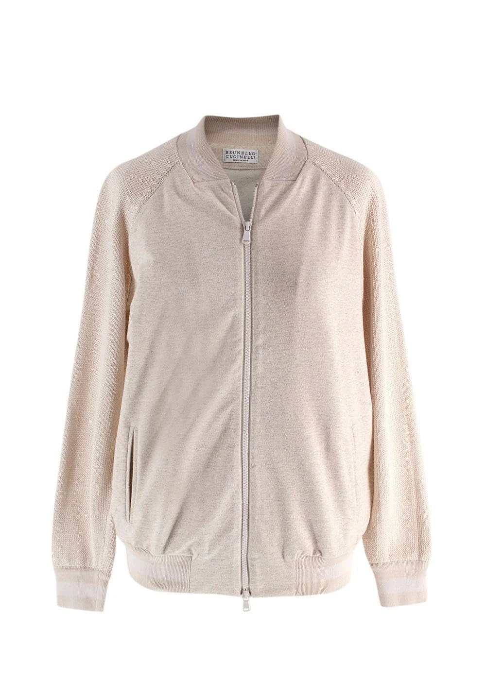 BRUNELLO CUCINELLI Pre-loved Beige Knit Sleeve Jersey Bomber Jacket