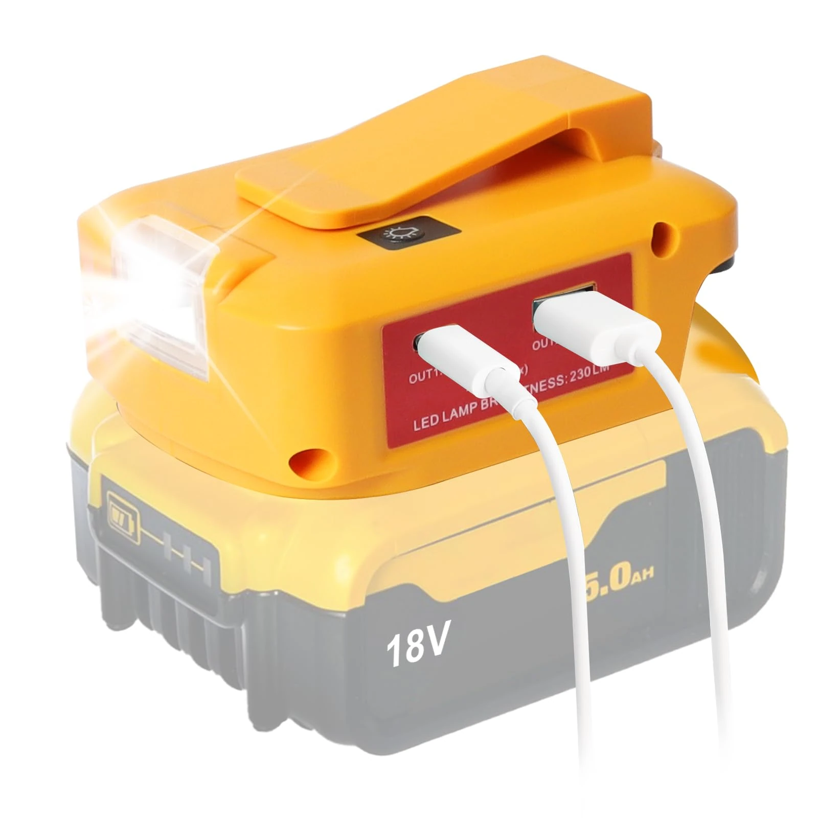 QUPERR - Power Source USB Battery Adapter for Dewalt 18V Battery, LED Work Light Converter with a pair of USB Phone Charger Interface, with DC Port Cordless Flashlight（Adapter Only）