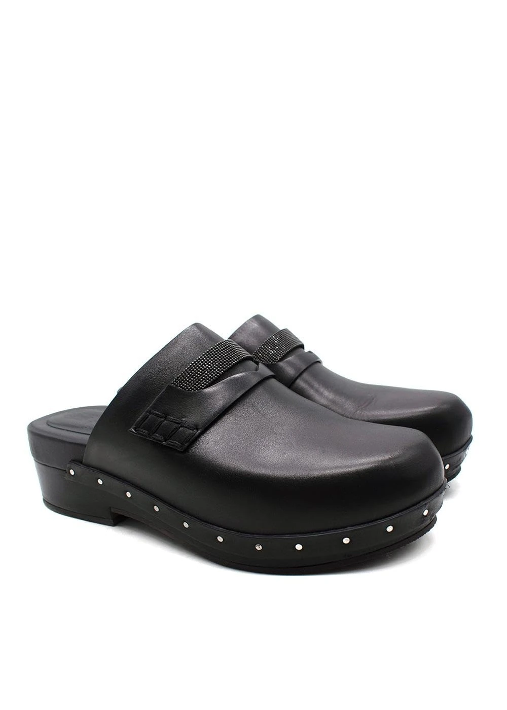 BRUNELLO CUCINELLI Pre-Loved Black Bead-Embellished Leather Clogs