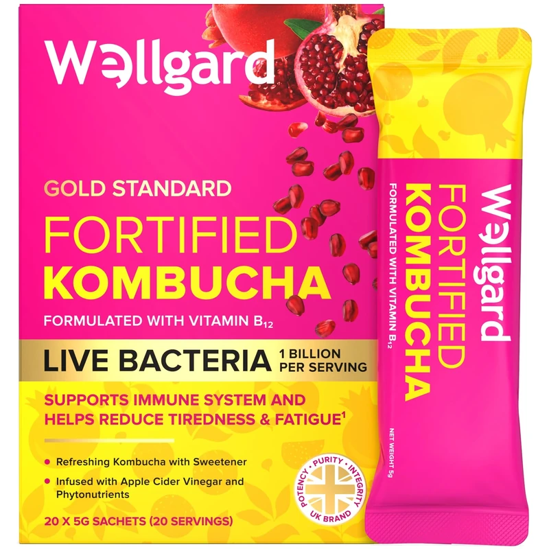 Wellgard Fortified Kombucha, Vegan Probiotic Drink Sticks, 1 Billion CFU Bacillus Coagulans, Prebiotics, Vitamin B₁₂ for Immune & Energy, 20 Sticks