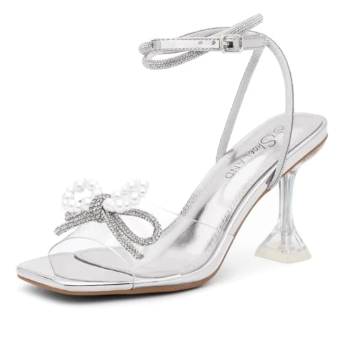 Shoe Land Women’s Clear Rhinestone Bow Heels – Double Bowknot & Adjustable Ankle Strap | Crystal Stiletto High Heels with Square Open Toe for Wedding & Party, 2024clearsilverpearl, 3 UK