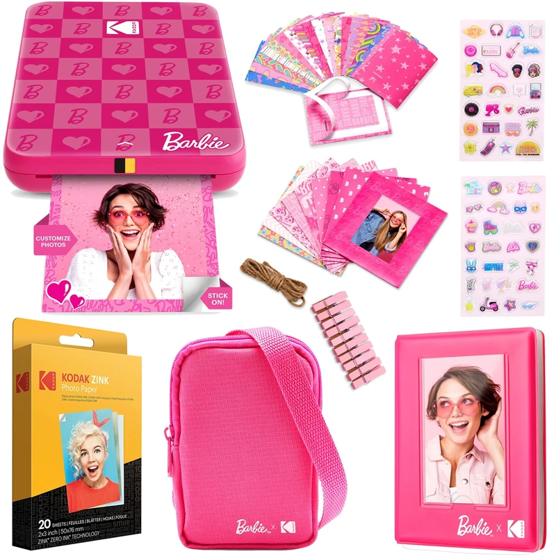 Kodak x Barbie Step Slim Wireless Instant Portable Photo Mobile Printer Gift Bundle (Iconic Style)+ Barbie Camera Case, Photo Album, Sticker & Hanging Frames, 50 Stickers + Zink Paper (20 Sheets)