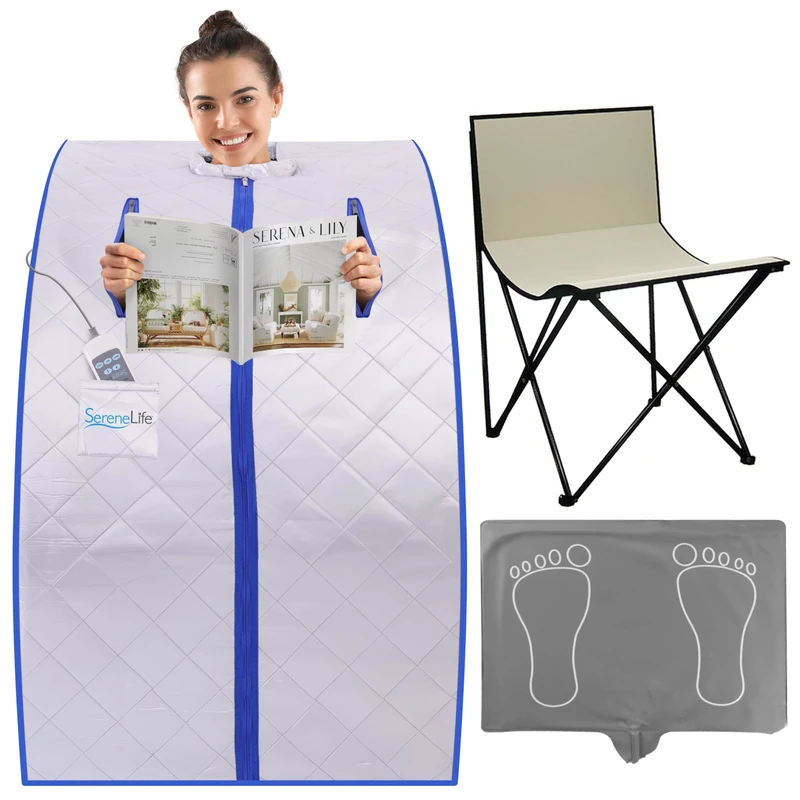 SereneLife Portable Infrared Sauna for Home, Compact Sauna Tent with Heated Foot Pad & Chair, Full Body Personal Spa with Remote Control, Easy Setup & Storage, 140°F Max Heat, 40" x 33" (Silver)