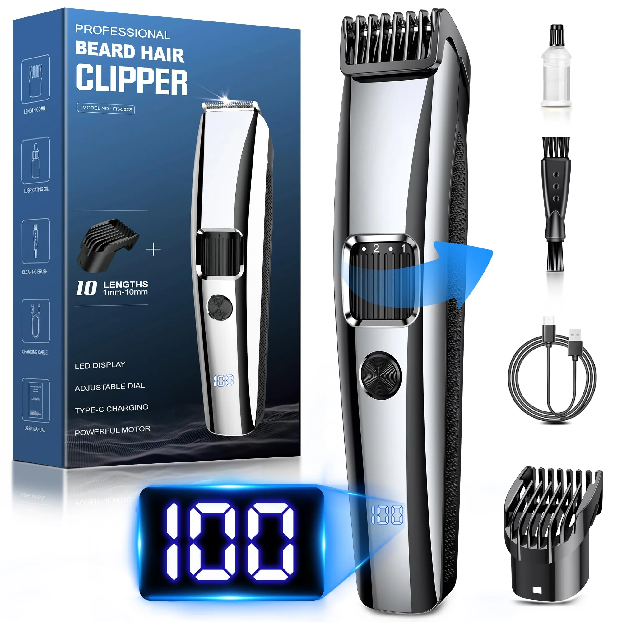 Beard Trimmer Men, Hair Clippers Men Electric Shavers with Zoom Wheel(1-10mm), Cordless Hair Clippers with Battery Indicator,Electric Razor USB Rechargeable Facial Hair Trimmer,Body Hair Grooming Kits