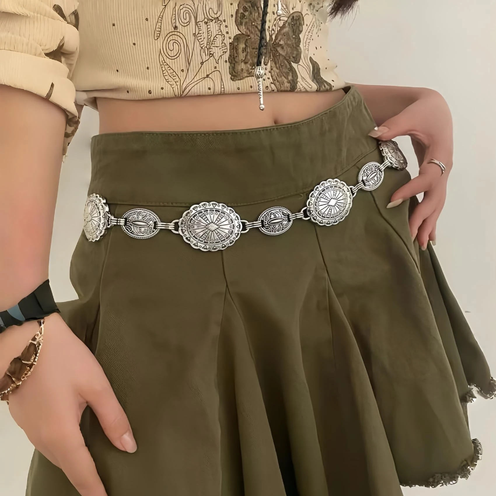 Western Belts For Woman Silver Belt Cowgirl Belts For Women Boho Silver Vintage Turquoise Chain Belt For Dress Jeans, M, Precious Metal, Crystal