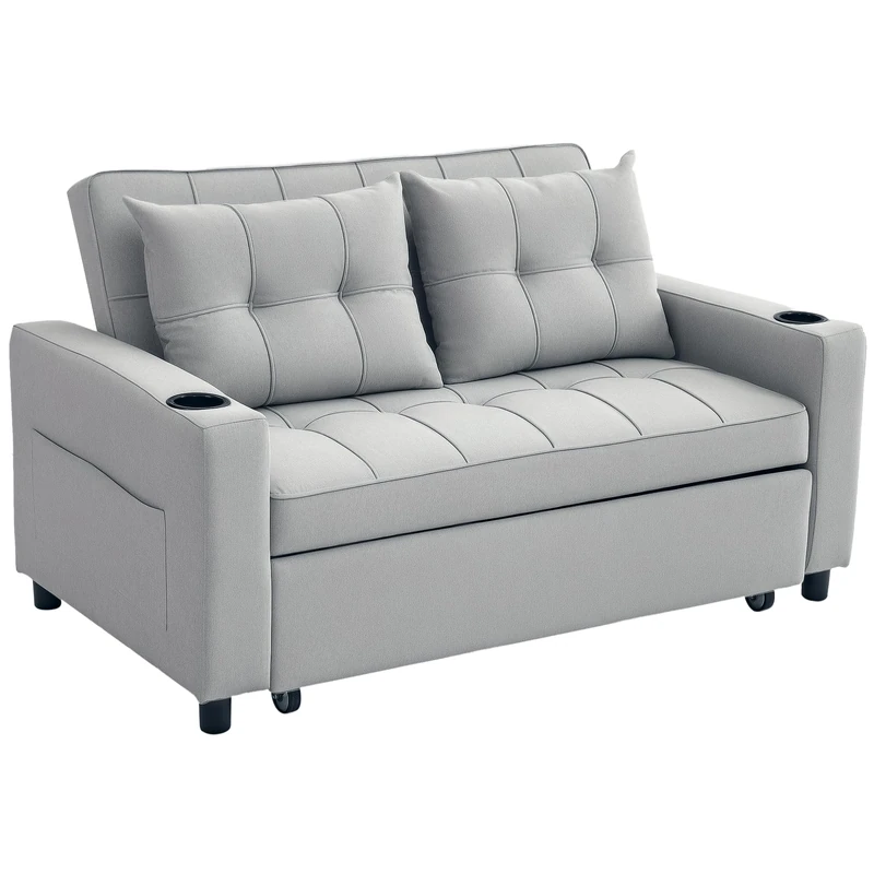 HOMCOM 3-in-1 2 Seater Sofa Bed, Convertible Sleeper Sofa with Adjustable Backrest, Fabric Pull Out Loveseat Bed with 2 Pillows, Side Pockets and Cup Holders for Living Room, Bedroom, Light Grey