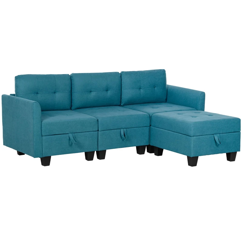 HOMCOM Convertible Modular Sectional Sofa with Storage, Tufted 3 Seater Sofa Set, L Shaped Couch with Ottoman, Wood Frame for Living Room, Light Blue