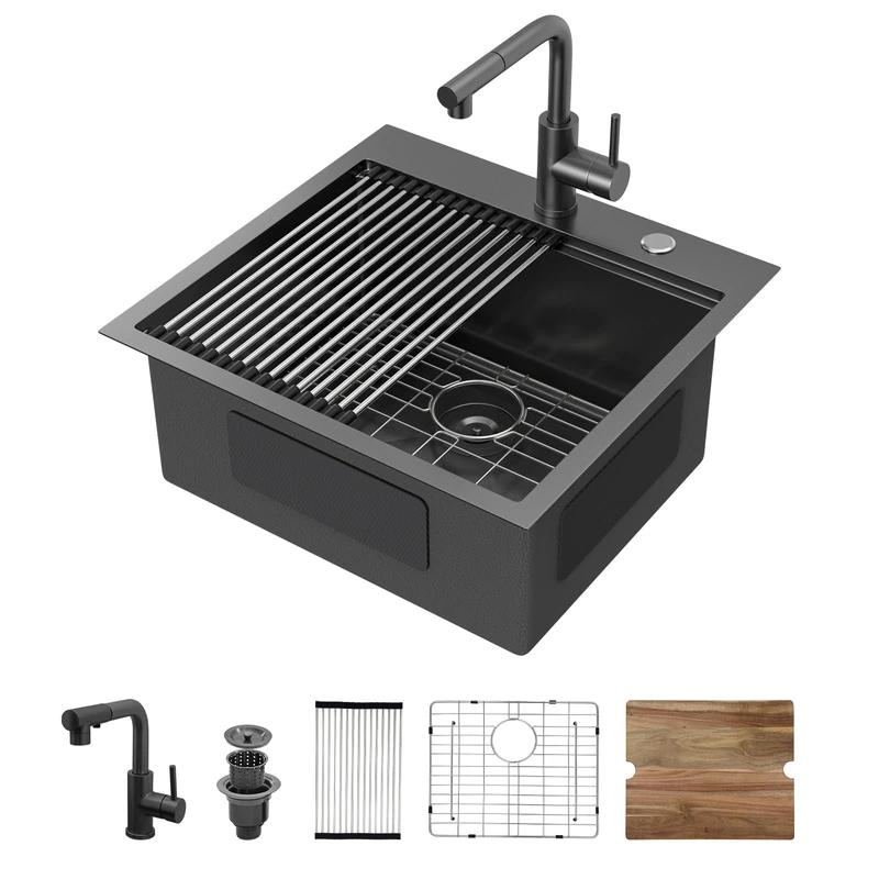 Couoko 21 Inch Black Drop in Bar Sink Outdoor Kitchen Sink Workstation 16 Gauge Stainless Steel Single Bowl Small Sinks with Pull-Out Faucet 21"x20"x9"