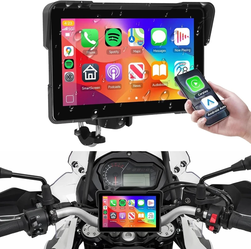 Rimoody Portable Motorcycle CarPlay Screen, 5" IP67 Waterproof Touchscreen with Wireless Android Auto, Dual Bluetooth, EQ, Navigation, Universal Motorbike Mount