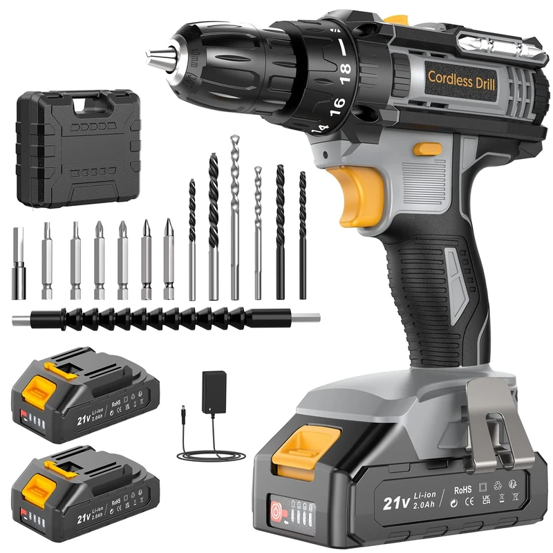 Bamse Cordless Drill 21V, Electric Drill with 2 Batteries 2.0Ah, Combi Set 42N.m Torque, 18+1 Torque, 2 Speeds, 14PCS Drill Set, LED Light for Garden DIY,Grey