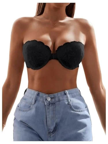 GORGLITTER Women's Strapless Underwire Front Fastening Bras Scalloped Lace Bandeau Bras Black 34B