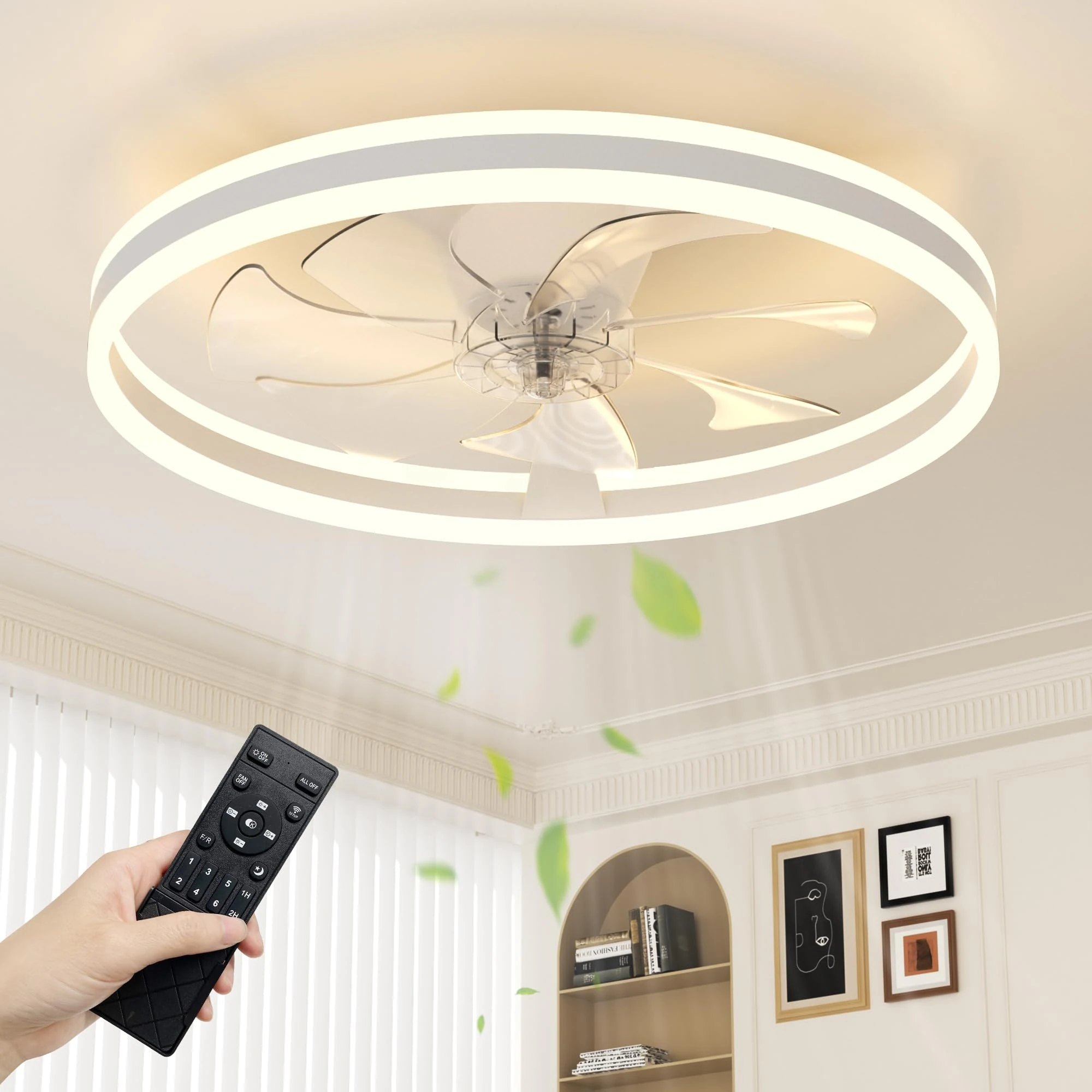 NIORSUN Ceiling Fans with Lights and Remote, 60cm Modern Smart LED Ceiling Fan Light, 6 Speeds and 3000K-6500K Dimmable Quiet Fan Lights Ceiling for Bedroom Living Room Dining Room (White)