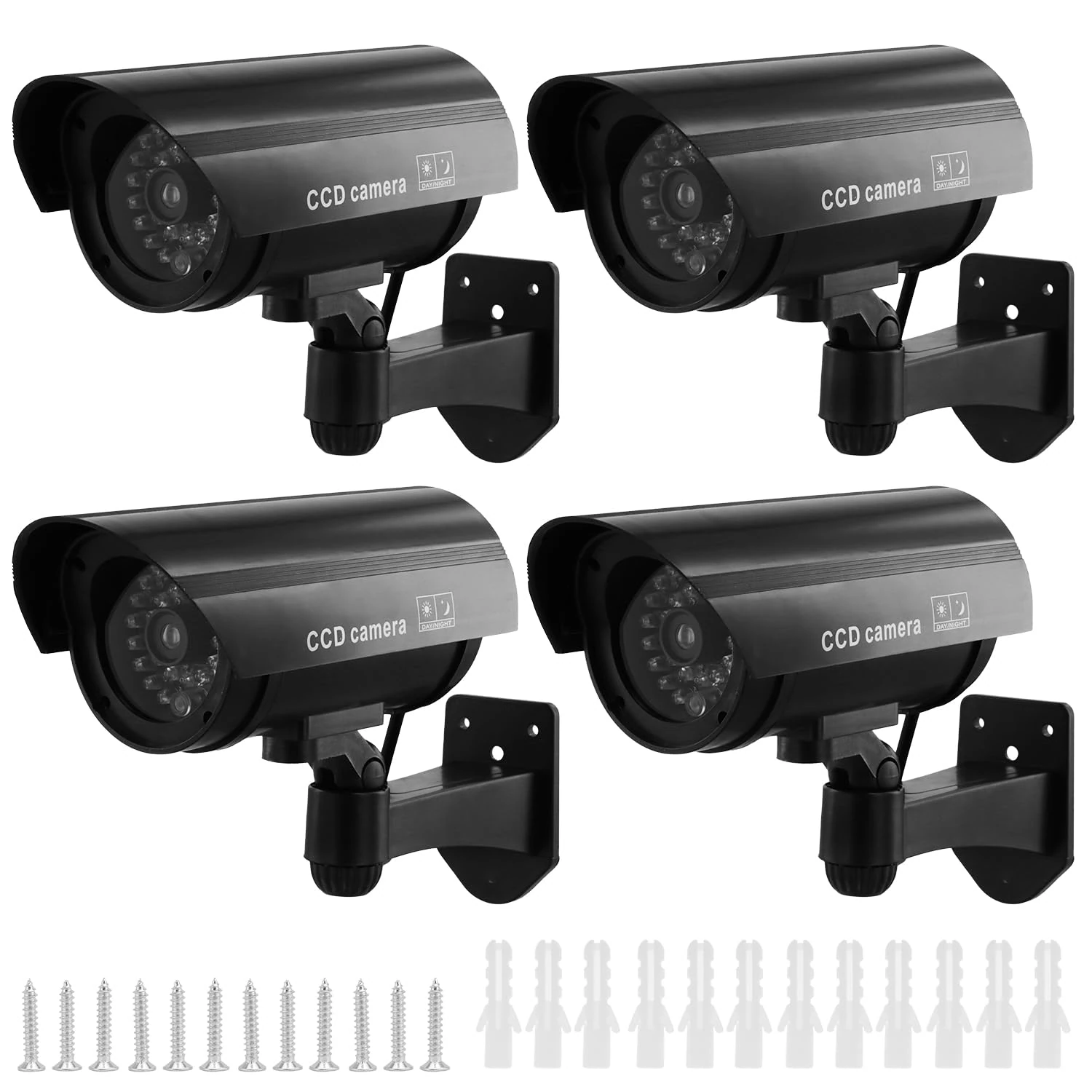 QWORK® 4 Pack Black Dummy Security Cameras with Red Flashing Light, Waterproof Bullet Shape, Outdoor Indoor Use, Includes CCTV Signs and Screws, No Batteries Included
