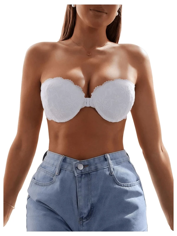 GORGLITTER Women's Strapless Underwire Front Fastening Bras Scalloped Lace Bandeau Bras White 34B