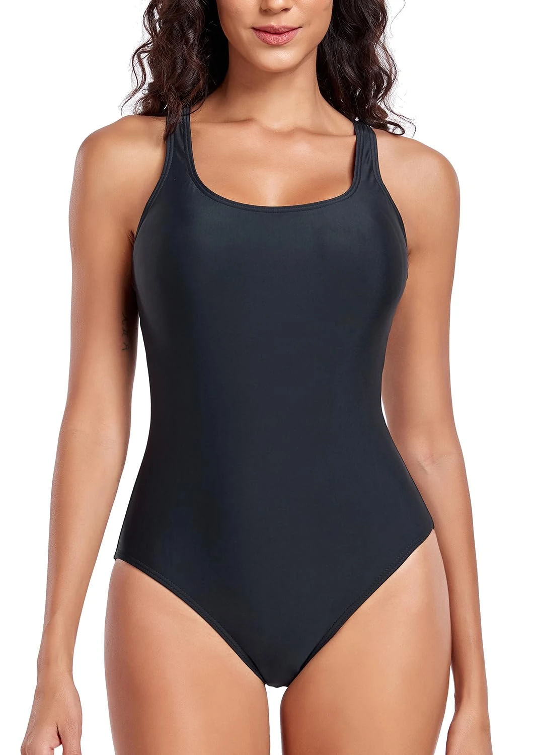 Deriwone Swimming Costume Women Athletic One Piece Swimsuit Tummy Control Swimwear Racerback Swimsuit M,Black