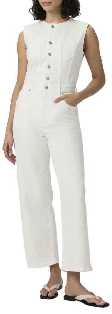 PAIGE Women's Cirie Ankle Denim Jumpsuit, Tonal Ecru, 4