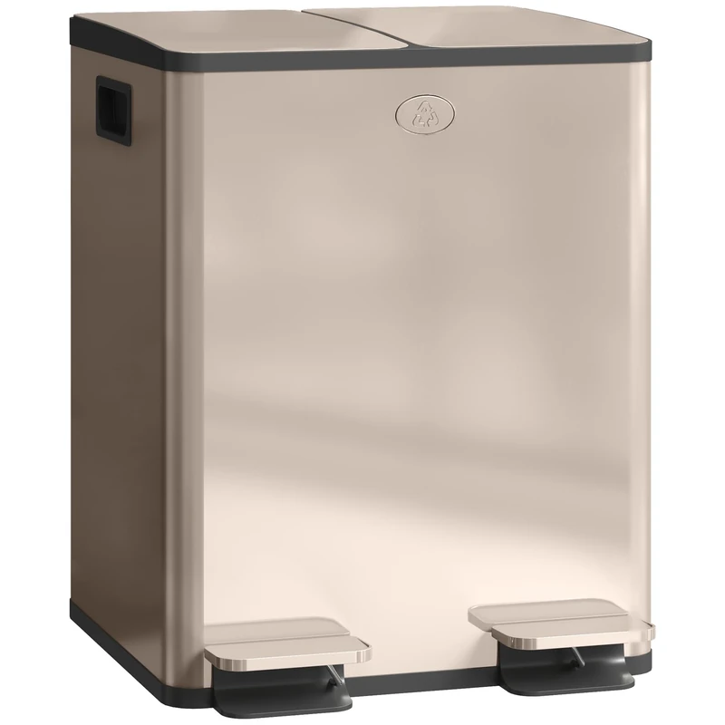 HOMCOM Dual Kitchen Bin, 2 x 20L Stainless Steel Double Rubbish Bin with Soft Close Lid, Removable Inner Buckets, Fingerprint-Proof for Recycling and Waste, Gold Tone