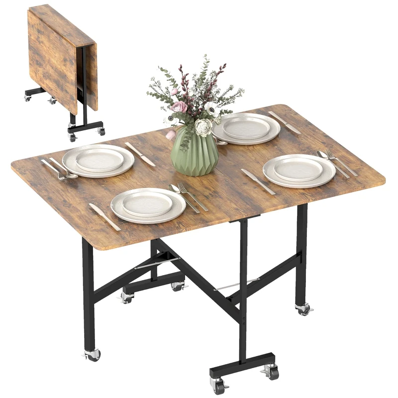 HOMCOM Mobile Drop Leaf Table, Folding Dining Table with 6 Wheels & Brakes, Kitchen Table for Small Spaces, Rustic Brown