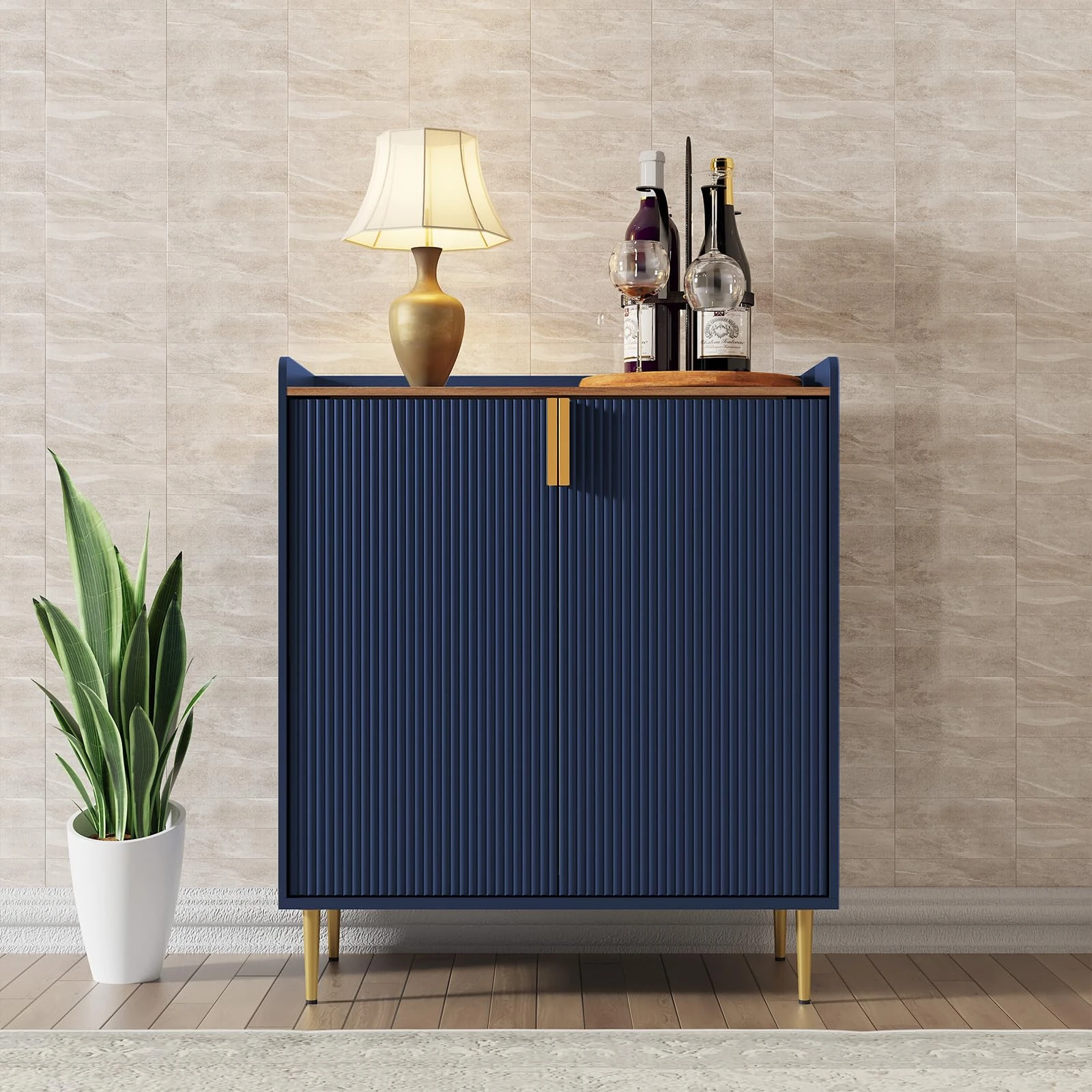 HOLTICO Drinks Cabinet, Wine Cabinet for 9 Bottles Bar Cabinet with Glass Holders Freestanding Wine Rack Sideboard Bar Table Buffet for Living & Dining Room, Blue