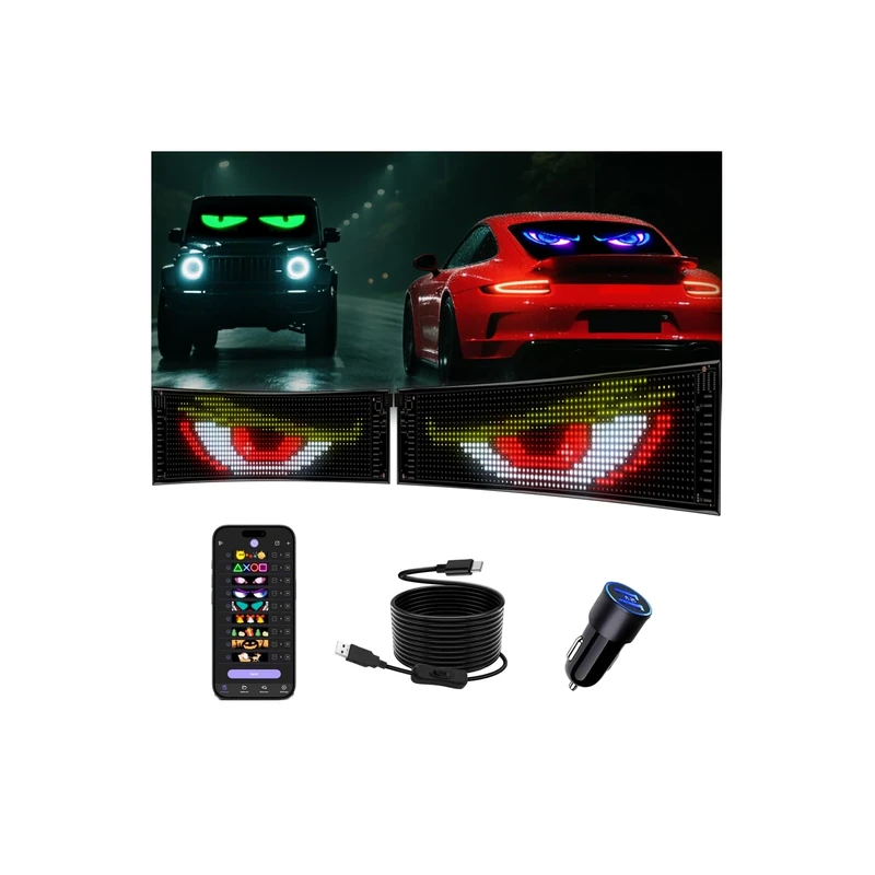 Devil Eyes Light Car Sign - 2PCS 15" X 4" Full Color LED Sign Screen for Windshield - Large Programmable Flexible LED Screen -Scrolling Led Light Sign for Car Window APP Control