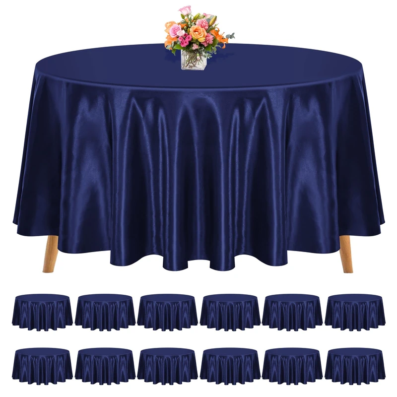 REWOMC 12 Pack 120 Inch Round Satin Tablecloth, Navy Blue
