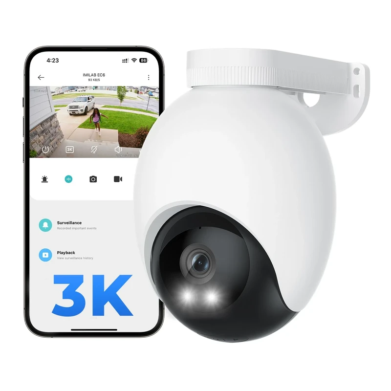 IMILAB EC6 3K Plug-in Security Camera Outdoor: Camera for Home Security w/Spotlight 360° Rotating Surveillance, Auto-Tracking Frontdoor/Backyard Cam, 2.4Ghz WiFi, 24/7 Recording, No Monthly Fee