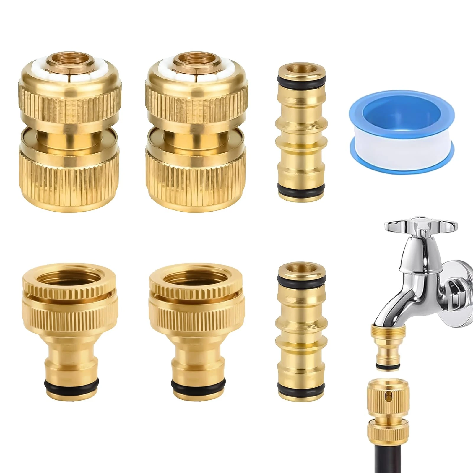 6 Packs Brass Garden Hose Quick Connectors, Garden Hose Tap Connector, 2 Double Male Connectors, 2 Hose End Connectors, 2 Hose Tap Connectors 1/2'' & 3/4'' 2-in-1 Faucet Adapter, 1 White Plumber Tape