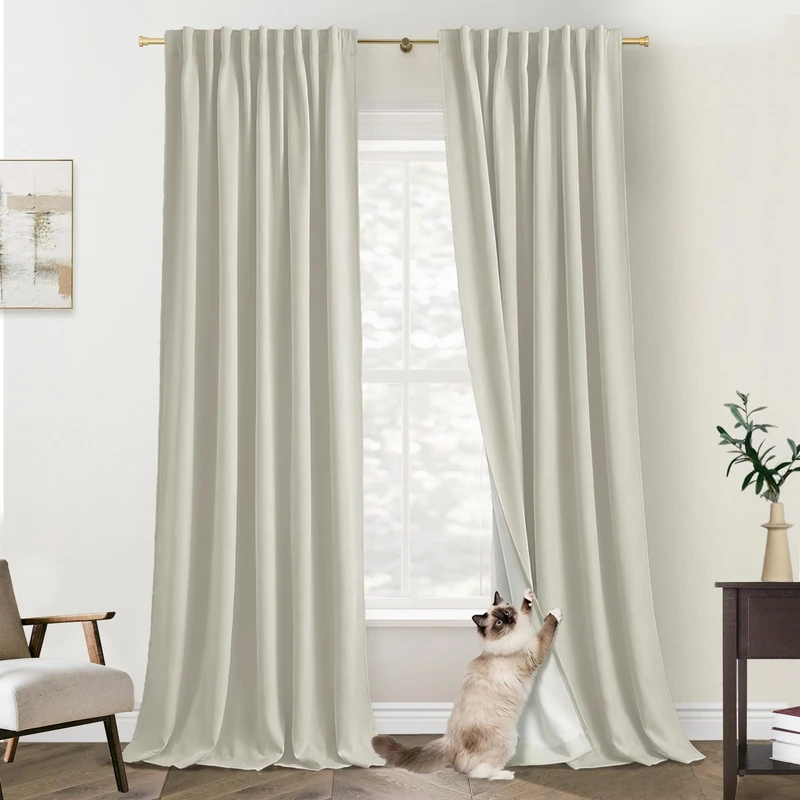 PANELSBURG Natural Linen 90 Inches Long Blackout Back Tab Thermal Insulated Linen Curtains Set 2 Panels