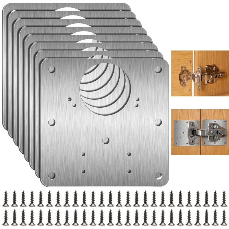 Pack of 8 Hinge Repair Plates, Kitchen Stainless Steel Hinge Repair Plate for Repair of Door, Cabinet, Home Furniture, Drawer, Boxes, Window, with 48 Screws (9 x 9 cm)