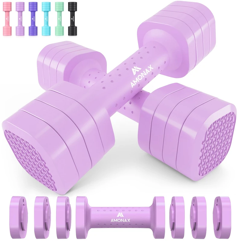 Amonax Adjustable Dumbbells Set, 1kg/2kg/3kg/4kg/5kg Dumbbell Pair, 4-in-1 and 5-in-1 Weights Dumbbells Set Women Men, Free Weights for Home Gym (Light Purple, 2.3kgx 2)