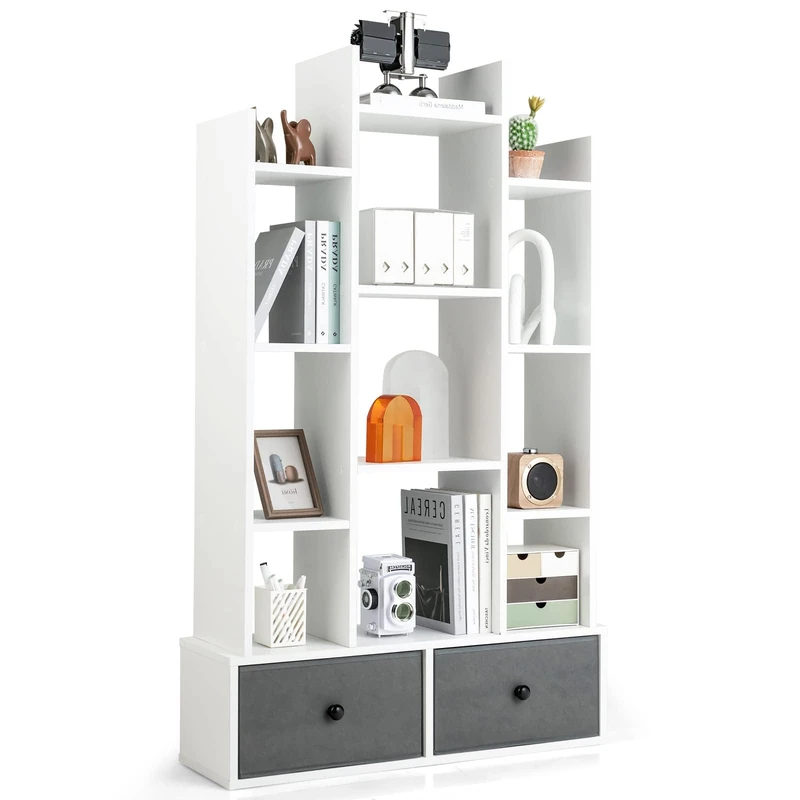 FANTASK Tree Shape Bookcase Standing Shelf with Drawers Shelf with 12 Compartments Storage Shelf for Living Room Bedroom 53 x 24 x 118 cm (White) - Image 1