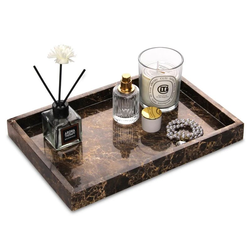 Marble Bathroom Vanity Tray, Natural Luxury Vanity Home Kitchen Bathroom Table Tray, Stone Decorative Countertop Dresser Trays for Key Coffee Perfume Jewelry Makeup (Dark Brown, 12"x 8" x1.2")
