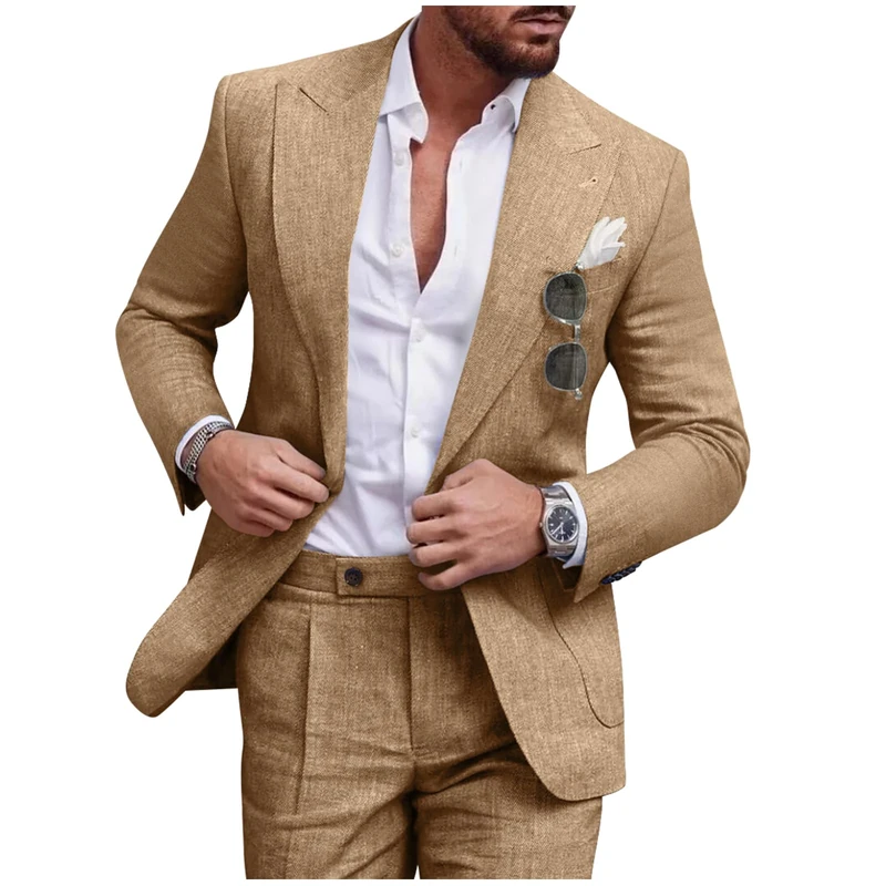 Diaryan Linen Men Suit Set Casual Tuxedo 2 Piece Regular Fit Blazer One Button Solid Jacket and Pants for Prom Wedding Party, Khaki, XL