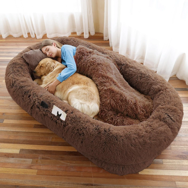 WROS Human Dog Bed, 71''x45''x12'' Size Fits You and Pets, Washable Faux Fur Dog Bed for People Doze Off, Napping Orthopedic Dog Bed, Present Plump Pillow, Blanket, Strap - Coffee