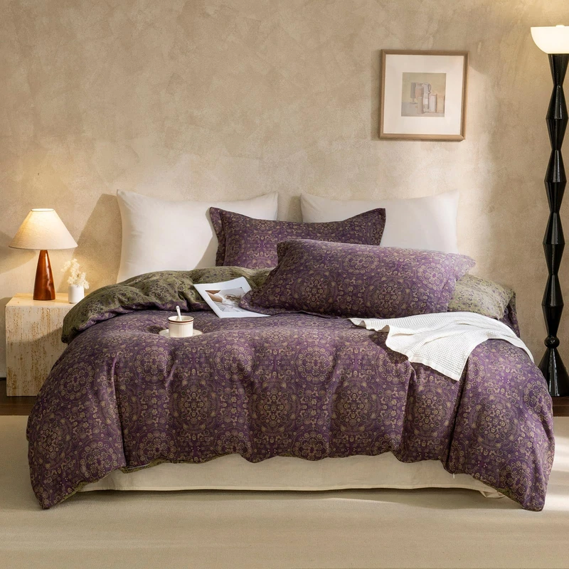 EAVD Soft 100% Cotton Muslin Yarn-Dyed Jacquard Textured Duvet Cover Full Chic Shabby Purple Floral Duvet Cover with Zipper Closure Linen Like Gauze Floral Bedding Set with 2 Pillowcases