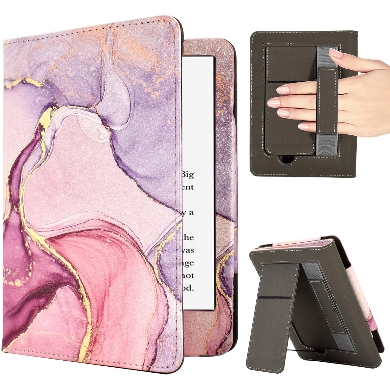 KEROM Case for 7"/6.8" Kindle Paperwhite (12th/11th Generation, 2024/2021) and Kindle Colorsoft Signature Edition Case, PU Leather Foldable Stand Cover with Hand Strap & Auto Wake/Sleep, Pink Marble