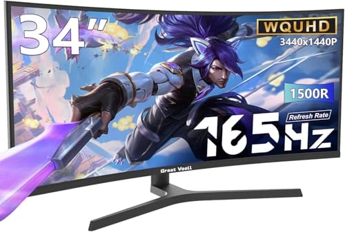 Great Voell 34 Inch Ultrawide Monitor, 21:9, UWQHD(3440x1440P),1500R Curved Gaming Monitor, 165Hz, HDR, 1ms, Anti-Blue Light Eye Protection, VESA, with FreeSync, HDMI 2.0 x 2, DP 1.4 x 2, Lifting Base