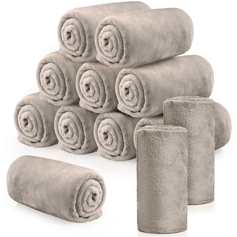 Tinideya 12 Pcs Flannel Fleece Throw Blanket Bulk 50 x 60 Inch Soft Fleece Blanket Warm Throw Blanket Coral Fleece Throw Blankets for Couch Sofa Home Wedding Gifts Season (Camel Color)