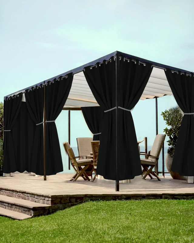 HolidayIdeas Grommet Outdoor Curtains for Patio Waterproof 8 Pcs All Weather Balcony Black Outside Curtains for Apartments, Gazebo, Pergolas, Porch, 54x84 Inch