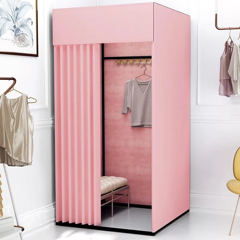 Clothing Store Fitting Room With Shading Curtain, Portable Temporary Mobile Privacy Protection Dressing Area, Foldable Mall Simple Changing and Display Rack, 200x100x95cm (Light Pink)