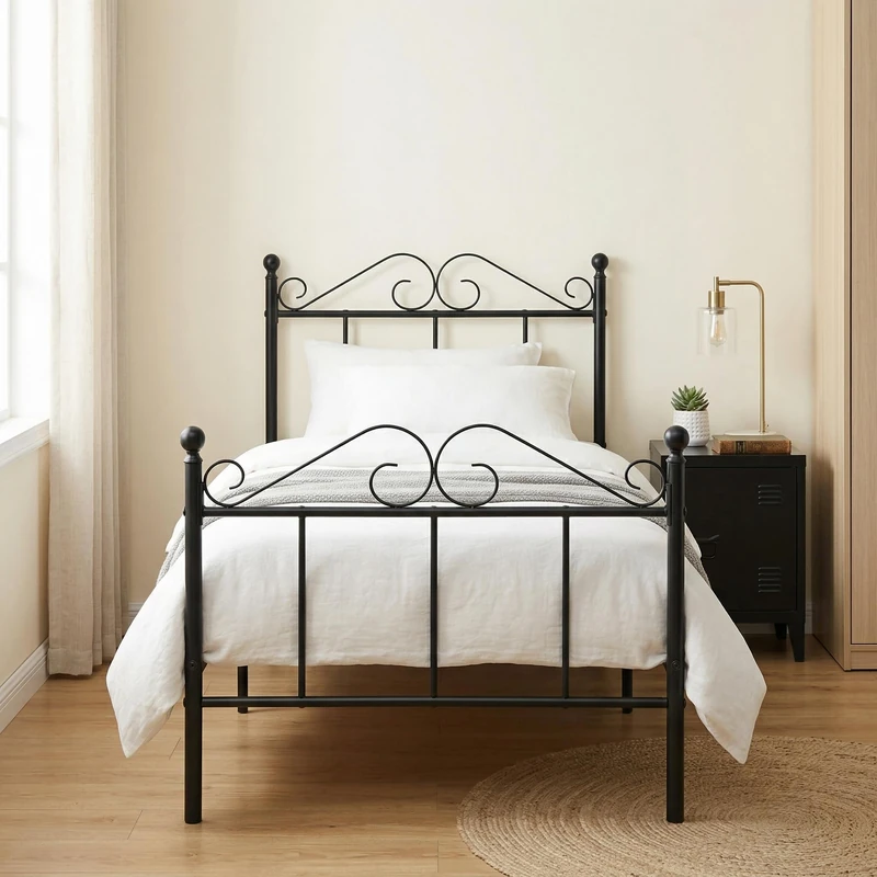 FurnitureR 3ft Single Bed, Metal Platform Bed Frame Solid Bedstead Base with Line-Beard High Headboard and Footboard,28cm Height Underbed Storage Space, Slatted Bed Fits for Kids/Boys/Girls/Tiwn,Black - Image 1