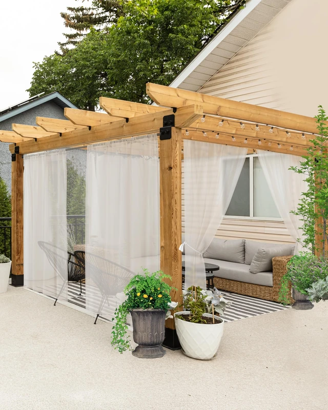 HolidayIdeas All Weather Outdoor Patio Curtains 8 Pcs Linen Look Rod Pocket Sheer Outdoor Curtains for Porch, Balcony, Gazebo, Pergolas,Cabana,Beige,54x95 Inch