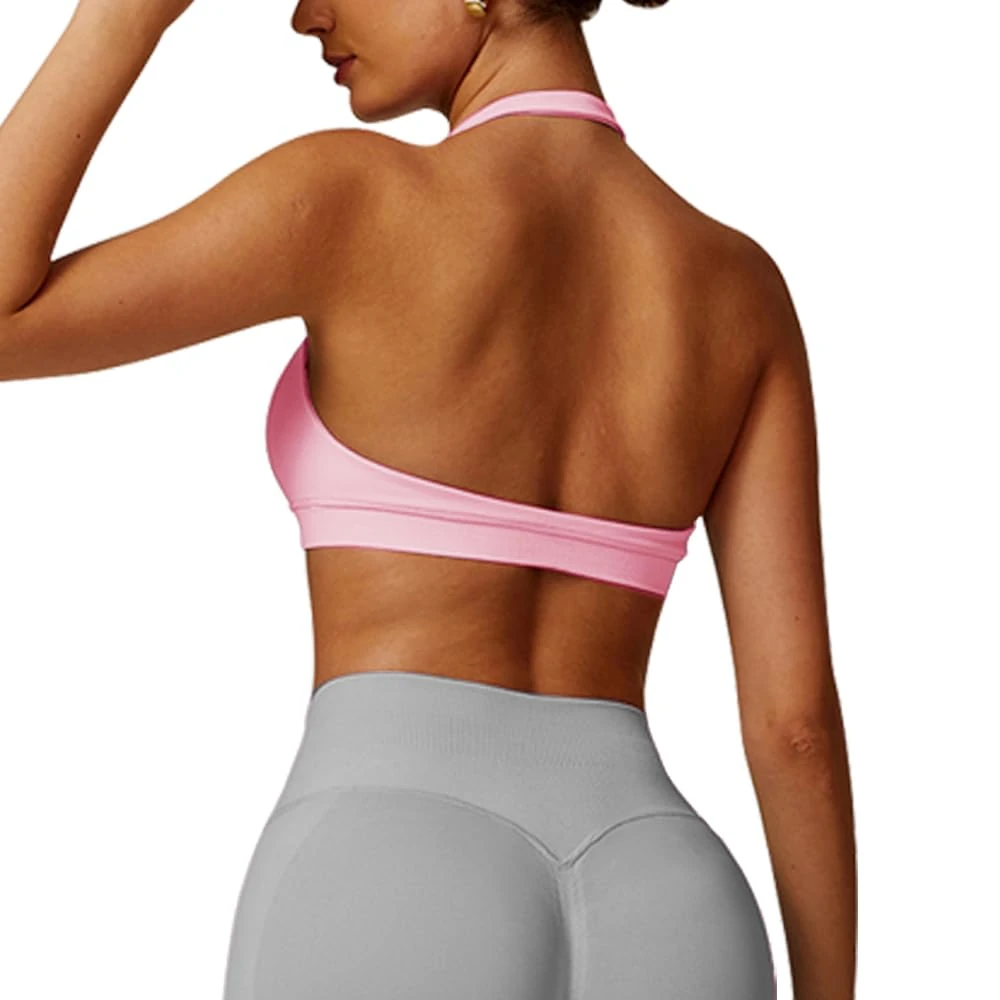 JN JANPRINT Workout Sports Bras for Women Halter Neck Running Bra Padded Open Back Seamless Bralette Gym Bra Yoga Crop Top Pink