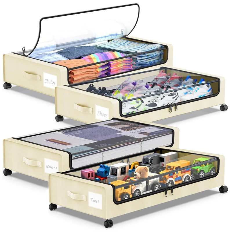 Molutsody Under Bed Storage with Wheels, 4-Pack UnderBed Storage Containers with Clear Lids, Under Bed Shoe Storage Organizer, Rolling Under Bed Storage for Clothes Shoes Blankets (Beige)