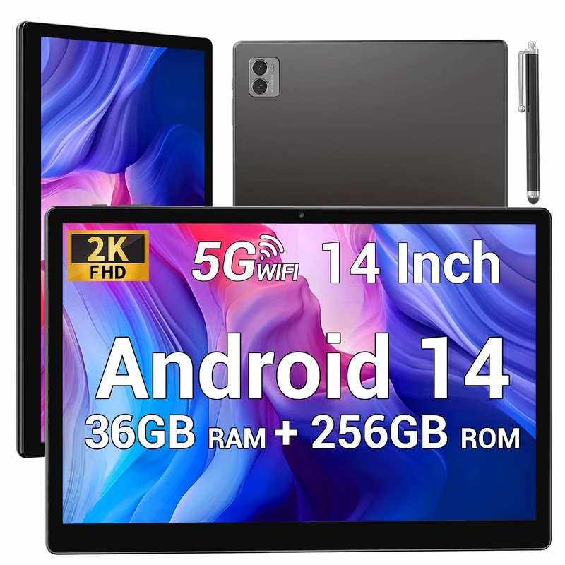 DEEMWOLF 14 inch Android 14 Tablet,large screen tablets Octa-Core,36GB RAM+256GB ROM (TF 2TB), 11580mAh,18W,13+8MP, Face ID,TÜV, GMS, Widevine L3, BT5.0, GPS, Tablet With Pen-black