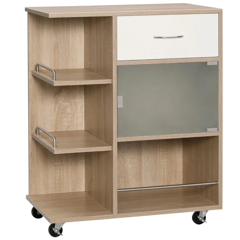 HOMCOM Kitchen trolley, serving trolley, 360° swivel wheels, shelves with barriers, central kitchen island, with drawer, shelves, cupboard, 65 x 39 x 80 cm, natural