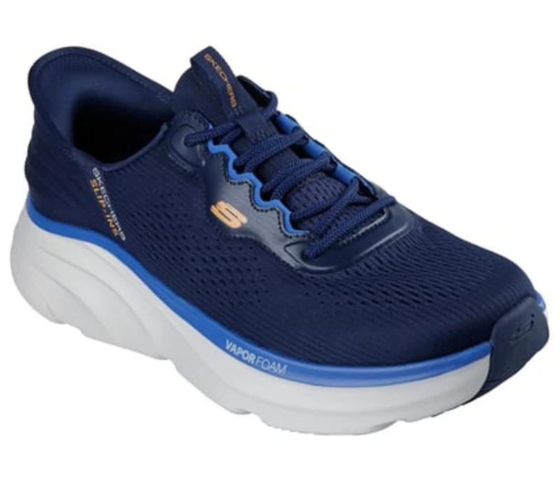 Skechers Men's D'Lux Vapor Slip-On Sneakers, Navy Mesh/Hotmelt/Orange Trim, 13 UK