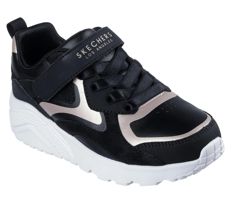Skechers Girl's Uno Lite Metallic Burst Sneakers, Black Synthetic/Rose Gold Trim, 13.5 UK Child